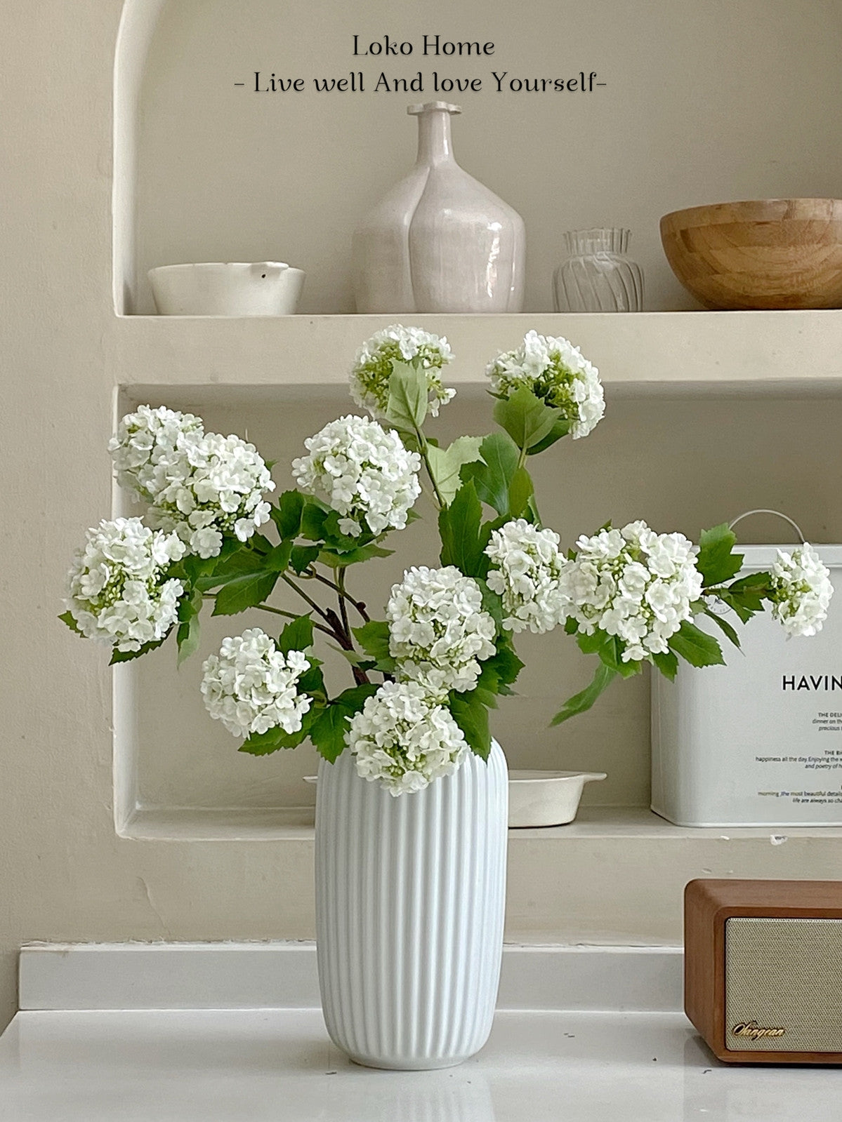 5 Stems Faux Snowball Flower in Creamy White - 31&quot;