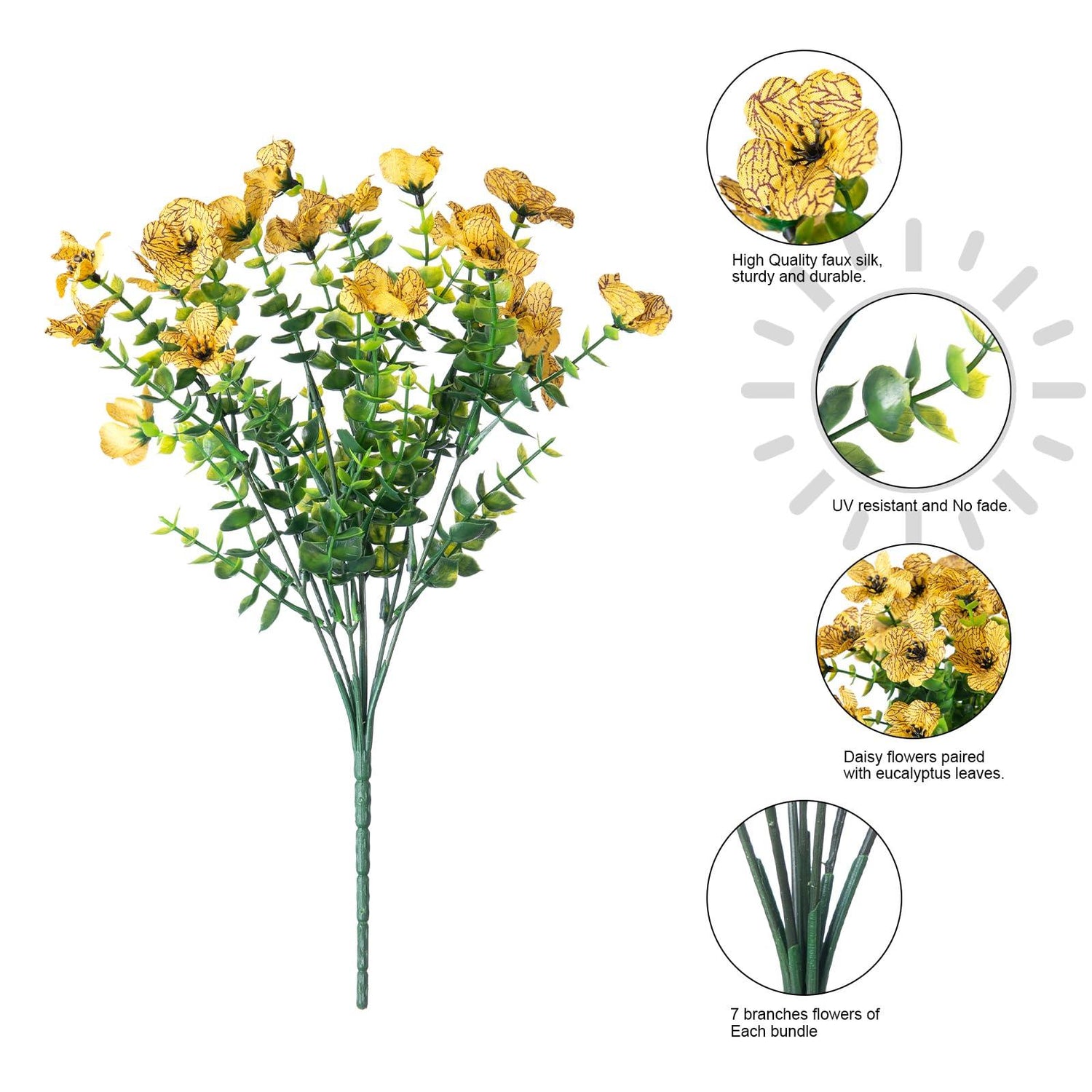 14&quot; Silk Daisy with Eucalyptus 12 Bundles- Yellow - HyeFlora