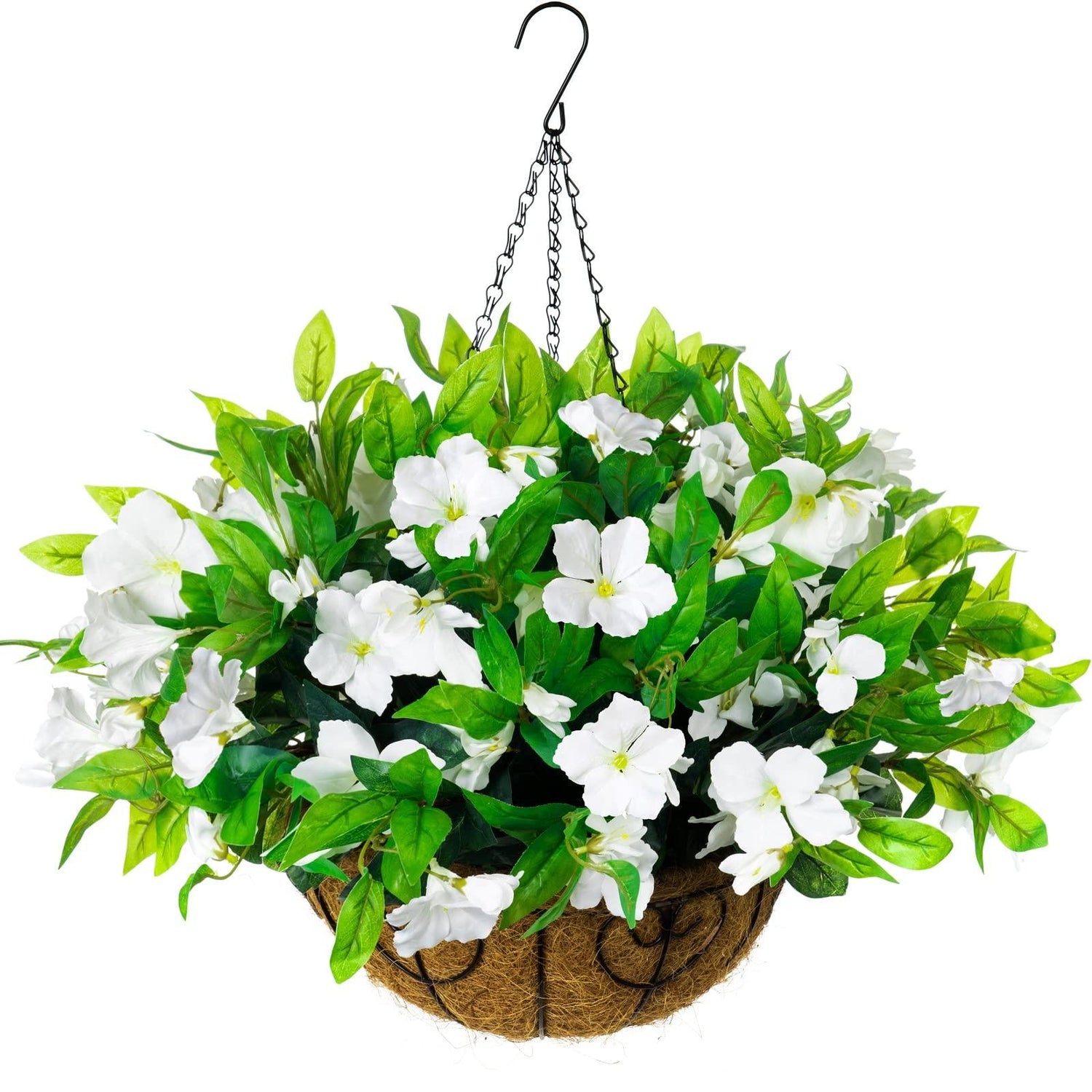 17&quot; Faux Silk Azalea with Hanging Basket- White - HyeFlora