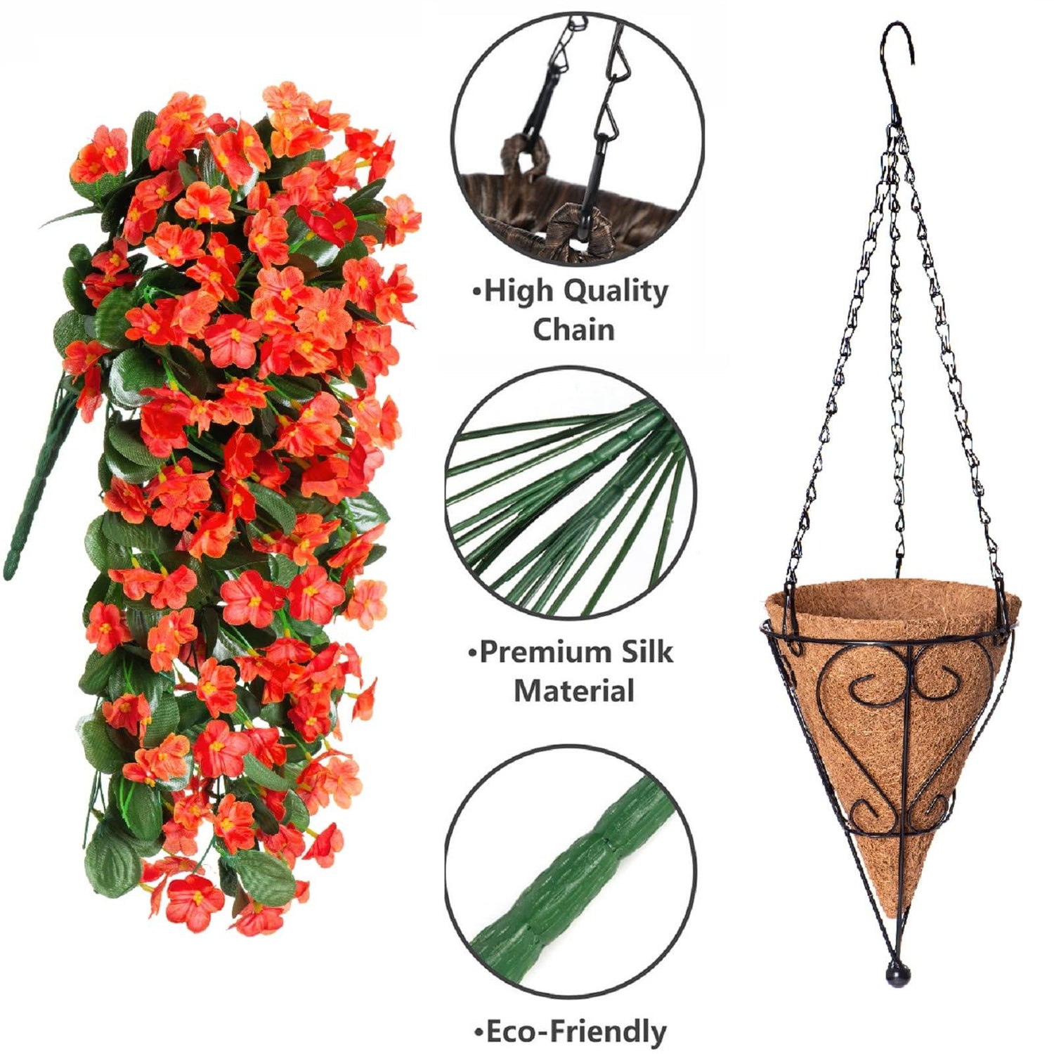 35&quot; Faux Silk Orchid with Hanging Basket-Orange - HyeFlora